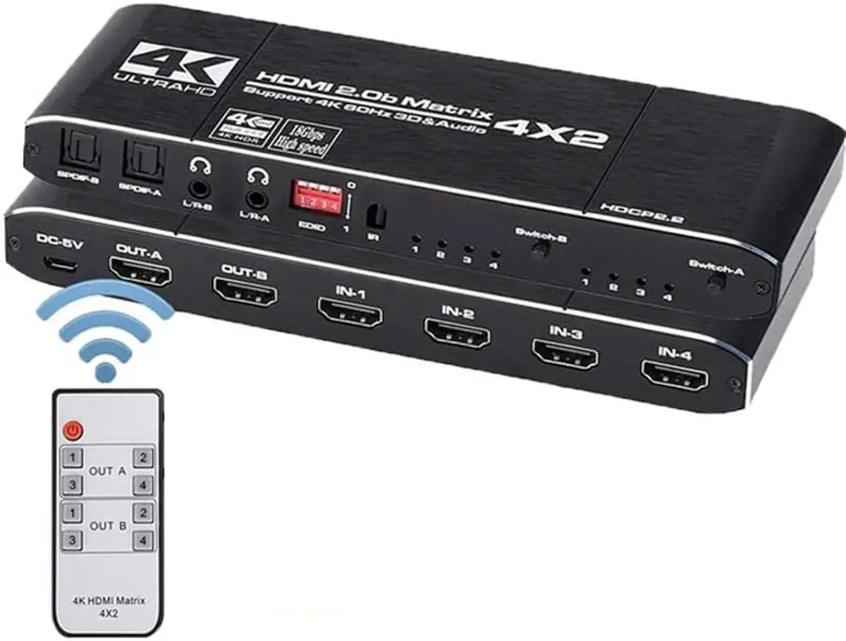 4x2 HDMI Matrix Switch Splitter, 4K@60Hz, 18.5Gbps, HDR, HDCP 2.2, 3D, SPDIF & 3.5mm L/R Audio Out
