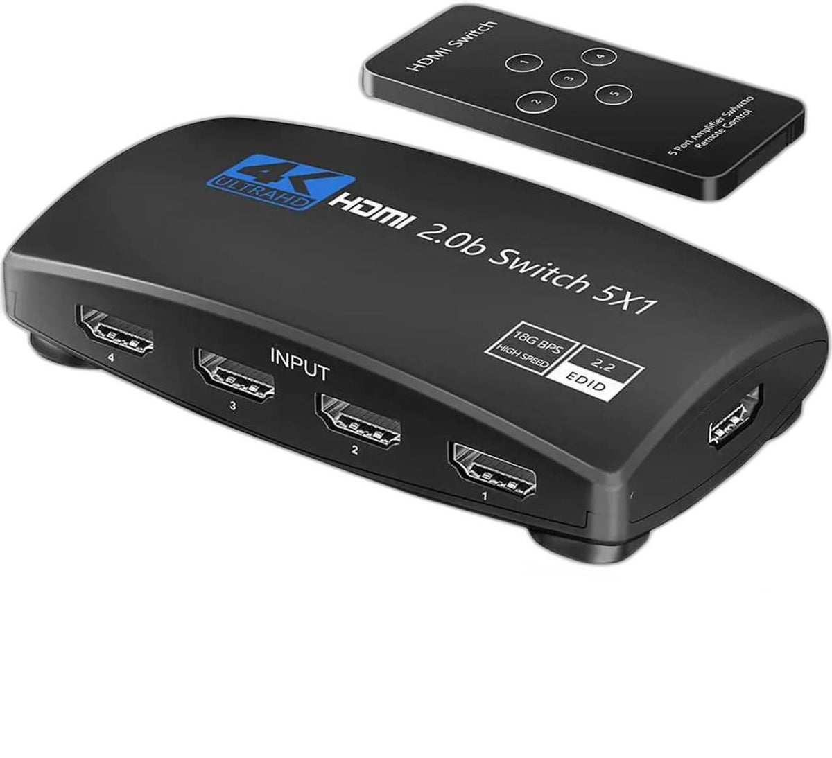 5-Port HDMI Switch 4K@60Hz, 5-in-1 HDMI Switcher with HDR, HDCP 2.2, 3D and IR Remote Control