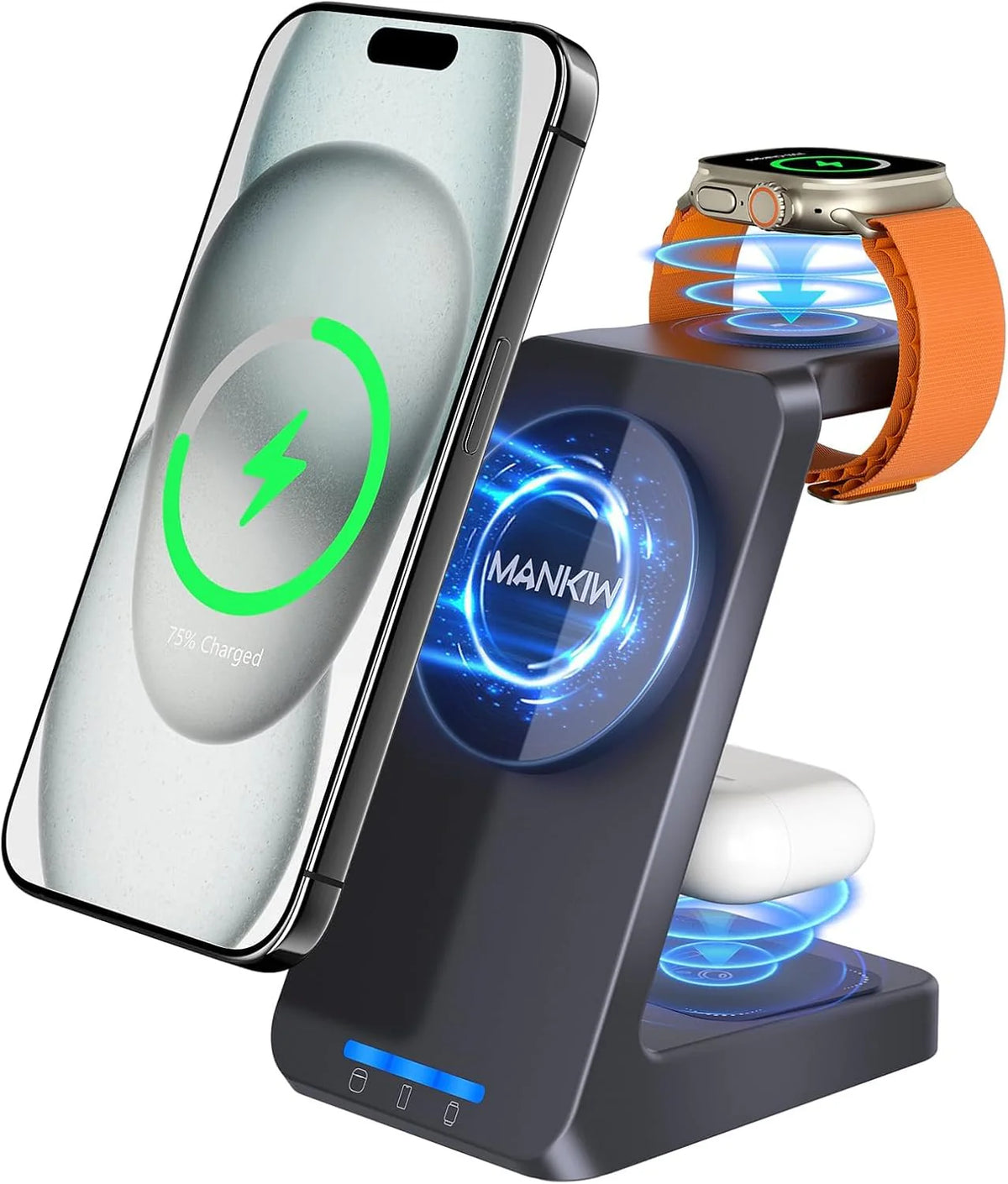 W99 3-in-1 Wireless Charging Station for iPhone, Apple Watch, AirPods - Magnetic Charger with 360° Rotation, LED Indicator