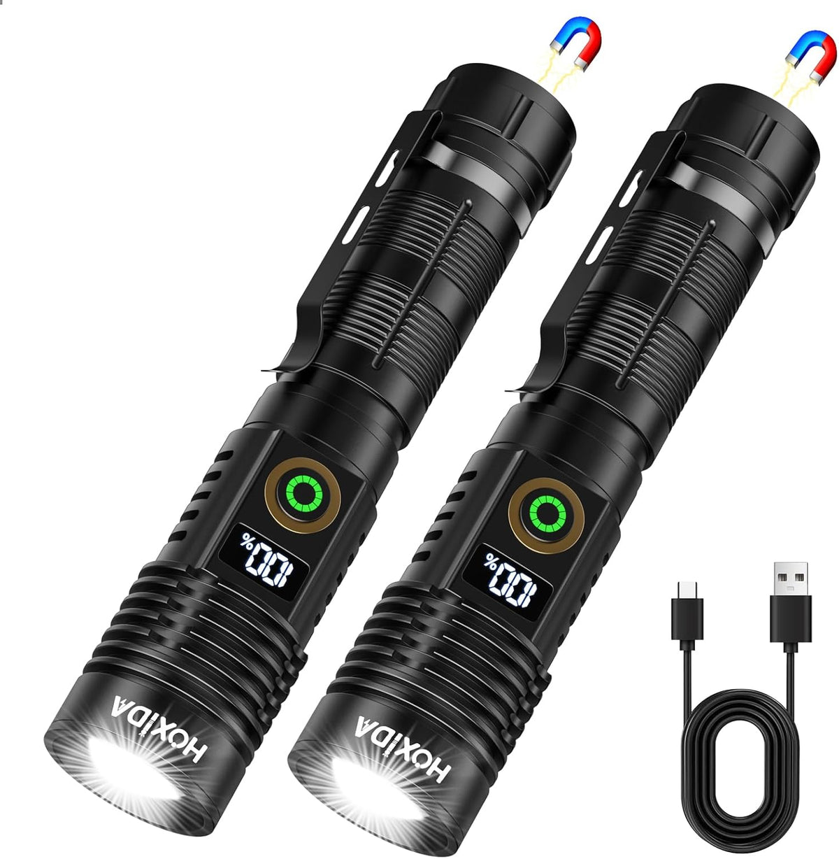 2-Pack Rechargeable LED Flashlights, 2000 Lumens Tactical Flashlight with LCD Display, 6 Modes Zoomable, USB Power Bank, Magnetic Base for Home Emergency Camping