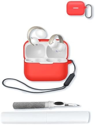 Compatible with Anker Soundcore AeroClip, Silicone Protective Case Cover with Keychain, Cleaning Kit & Lanyard - White/Red