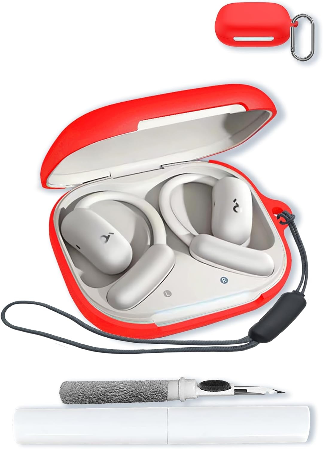 Compatible with Soundcore AeroFit 2 Open-Ear Headphones, Soft Silicone Protective Case Cover with Keychain, Cleaning Kit & Lanyard, Shockproof Dustplug, White Red