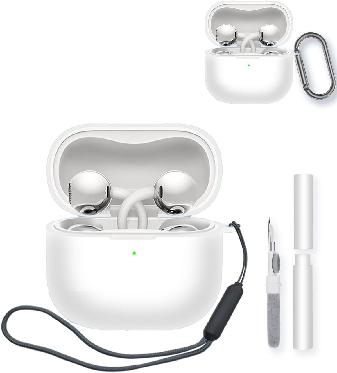 Compatible with Huawei FreeClip 2 Silicone Case, Soft Protective Cover with Keychain, Cleaning Pen & Lanyard for Earbuds - White