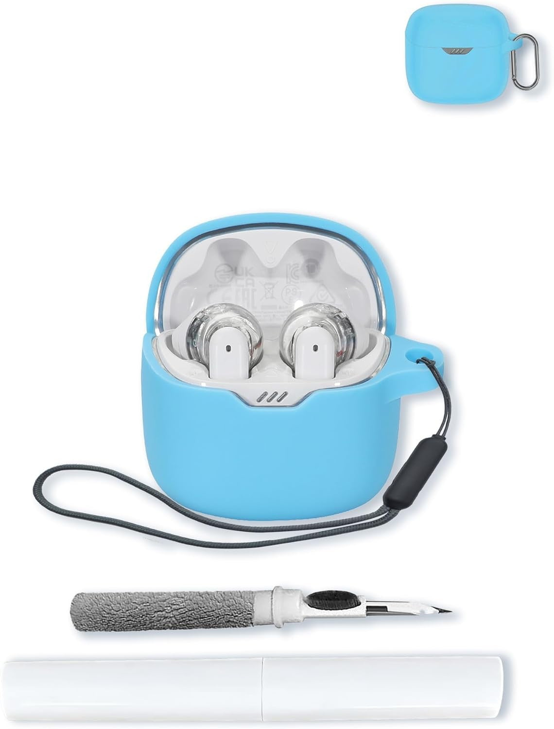 Compatible with JBL Tune Flex Silicone Case Cover, Soft Protective Skin with Keychain, Cleaning Kit & Lanyard