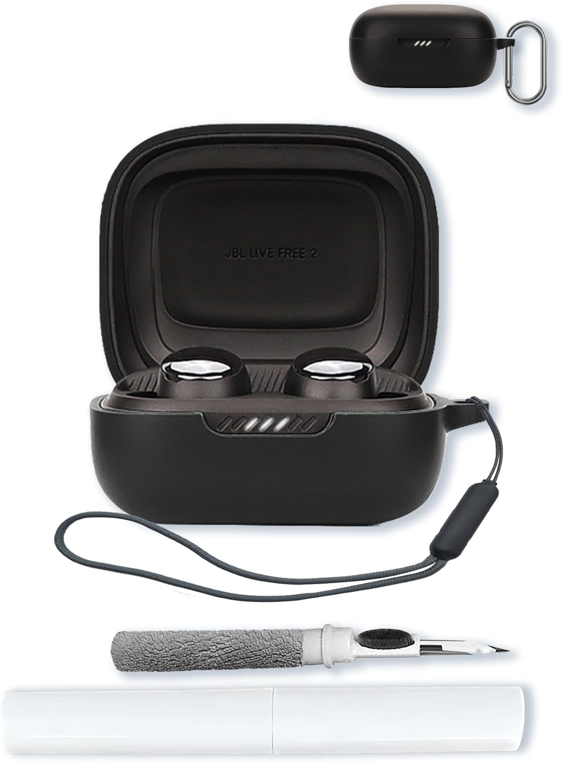 Silicone Case for JBL Live Pro 2, Soft Protective Shockproof Cover with Keychain, Cleaning Kit and Lanyard -Black