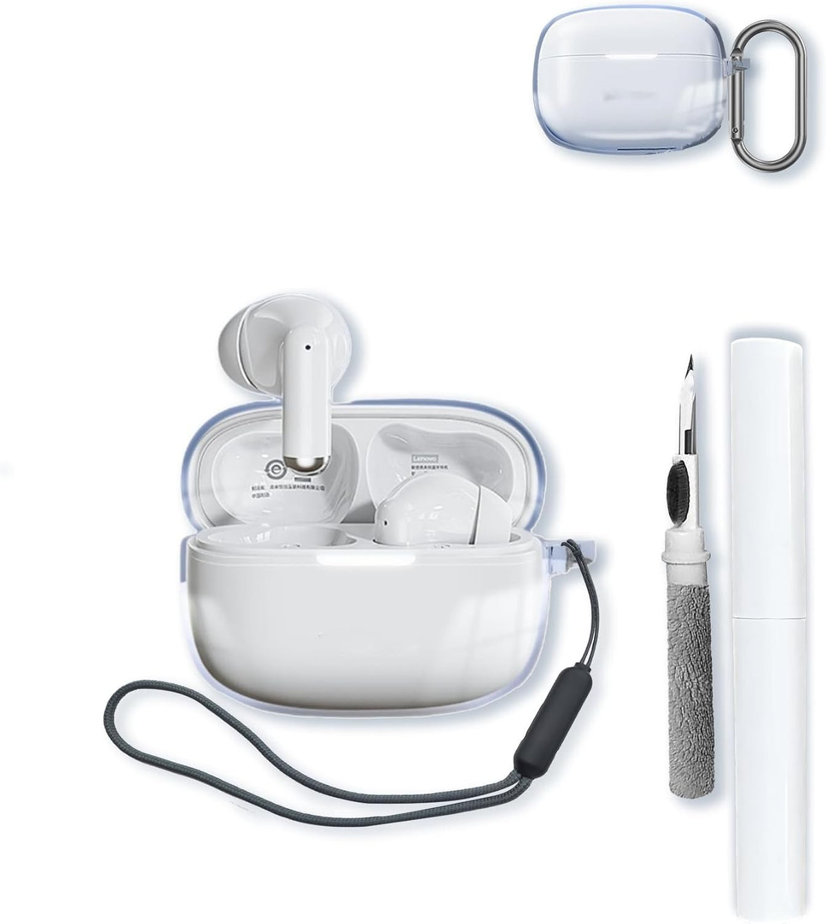 Compatible with Lenovo EA220 Bluetooth Earbuds Case, Clear TPU Shockproof Cover with Keychain, Cleaning Pen & Lanyard