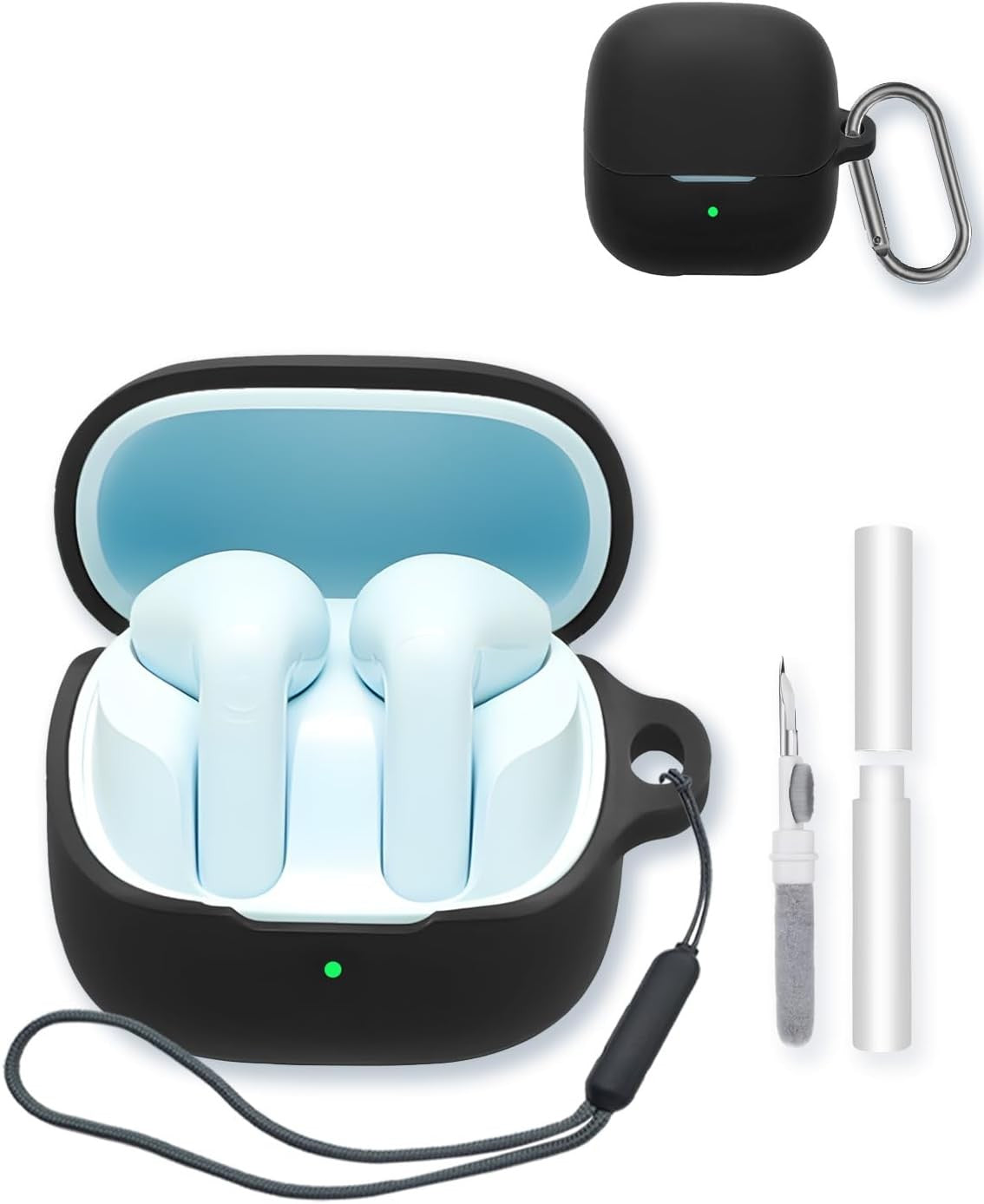 Silicone Case Compatible with Baseus BS1 Earbuds, Keychain, Cleaning Kit, Lanyard Included - Black