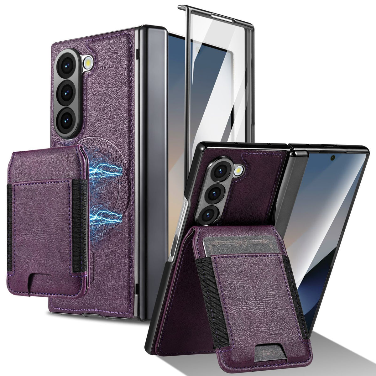 PU Leather Wallet Case for Samsung Z Fold 6, Removable Wallet & Screen Protector, Shockproof Purple