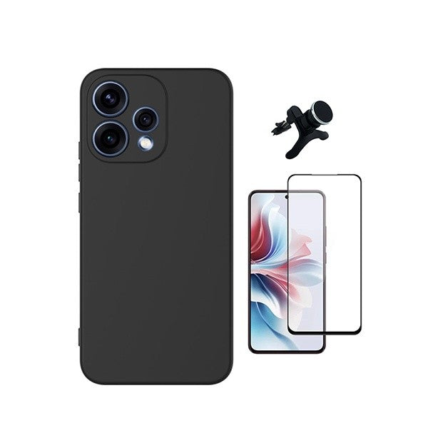 Tempered Glass Screen Protector Kit for Oppo Reno15, Silicone Case & Car Mount, Black