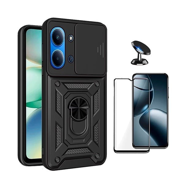 Tempered Glass Screen Protector Kit with Magnetic Case & Stand, Compatible with Xiaomi Redmi 15c, Black