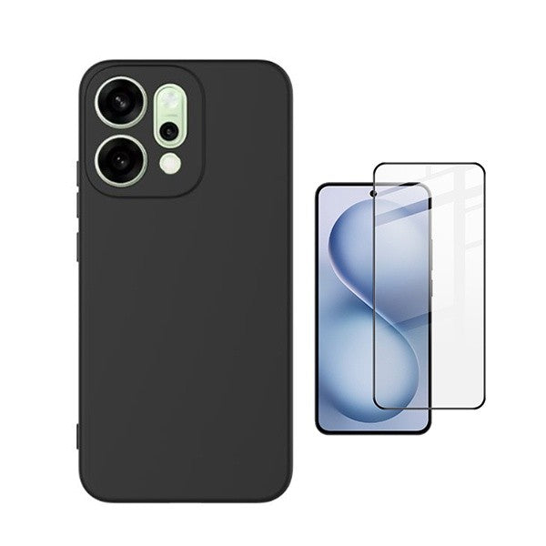 Tempered Glass Screen Protector + Silicone Case Kit, 9H 5-Layer, Compatible with Oppo Reno14, Black