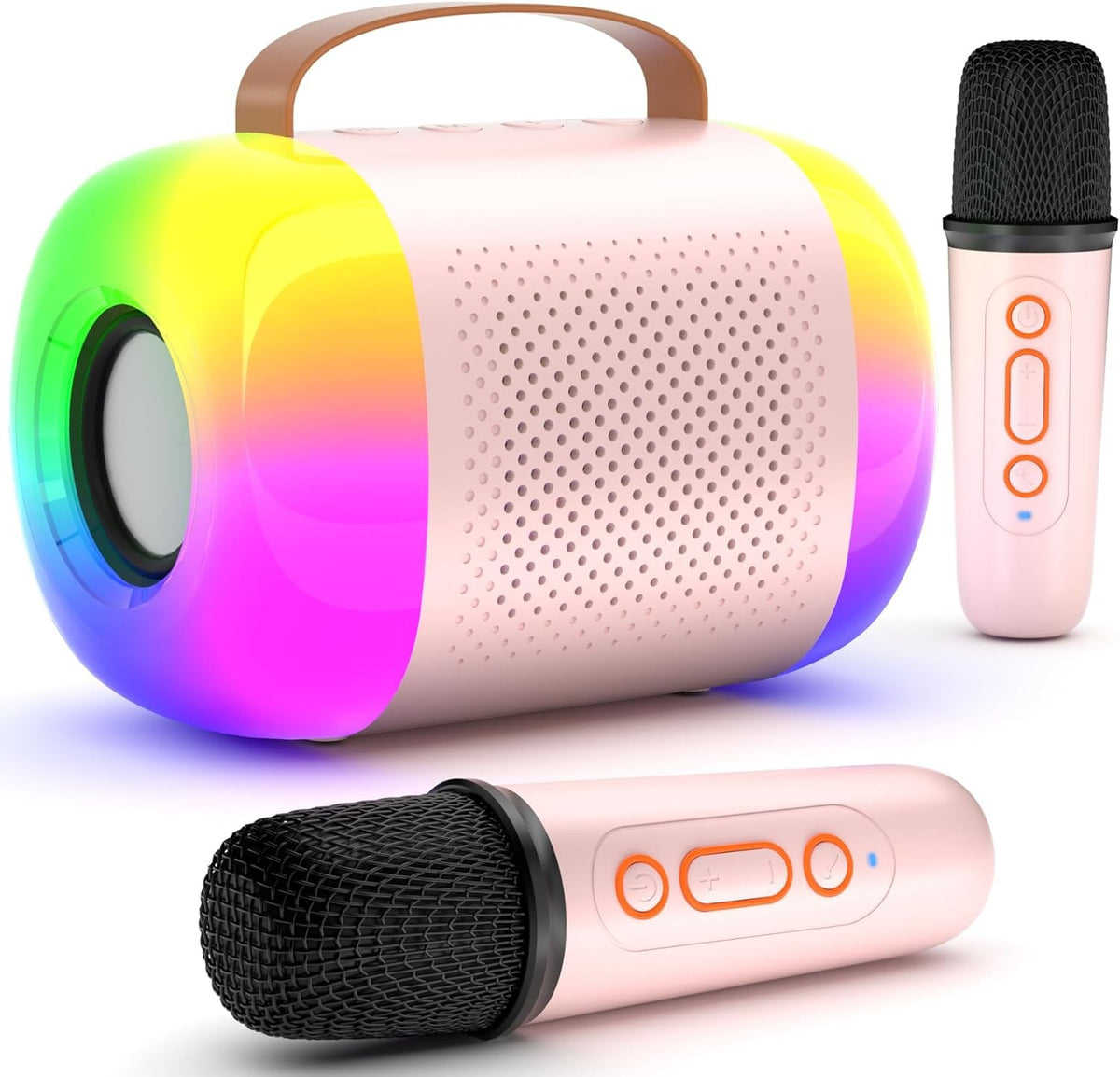 Portable Karaoke Machine with 2 Wireless Mics, Bluetooth Speaker, Pink LED Lights, for Kids & Adults