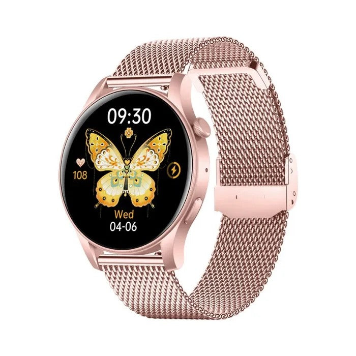 Smartwatch with Metal Band, Pink, 44mm, Touch & Button Control, Bluetooth, Waterproof, 7-14 Day Battery