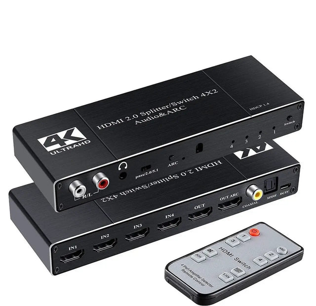 HDMI Switch Splitter with Audio Extractor, 4K@60Hz, HDMI 2.0b, HDCP 2.2, Optical SPDIF, 3.5mm, HDR, Remote Control