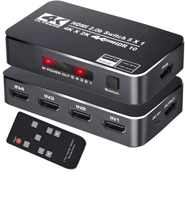 5x1 HDMI Switcher with IR Remote, 5 In 1 Out Selector, 4K 2160p Ultra HD
