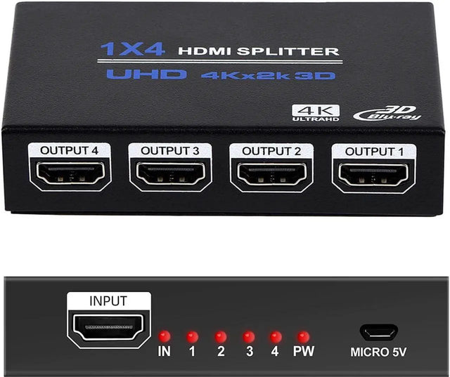 4K HDMI Splitter 1 in 4 Out, HDMI 1.4/HDCP, Ultra HD 4K@30Hz, 3D 1080p, with Power Adapter