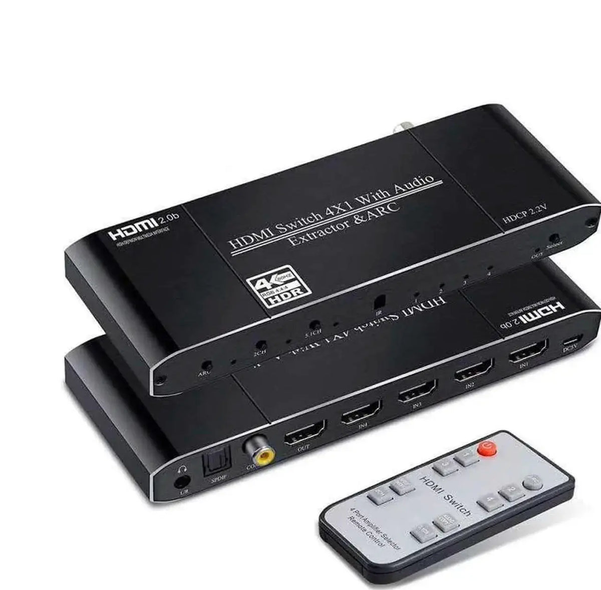 HDMI 2x4 Switch Splitter with Audio Extractor, 4K@60Hz HDMI 2.0b, HDCP 2.2, Optical SPDIF/3.5mm, Remote
