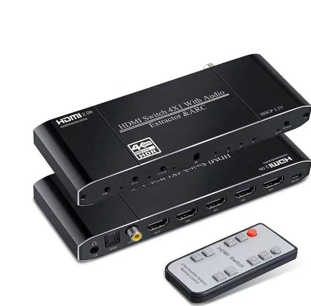 HDMI 2x4 Switch Splitter with Audio Extractor, 4K@60Hz HDMI 2.0b, HDCP 2.2, Optical SPDIF/3.5mm, Remote