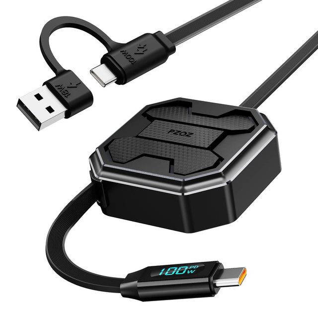 2-in-1 Retractable 3m USB-C Cable with 100W Fast Charging, LED Display, Adjustable Length for USB-C and USB-A Devices