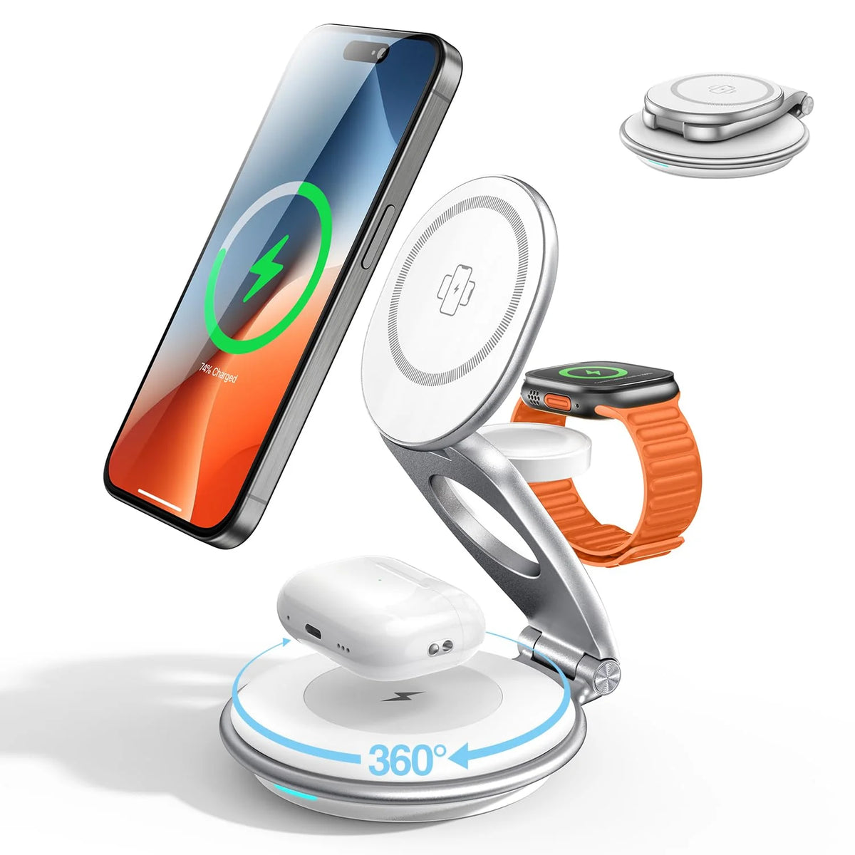 3-in-1 Wireless Charging Station for iPhone, Apple Watch, AirPods - Foldable Fast Charger with 30W Adapter (White)