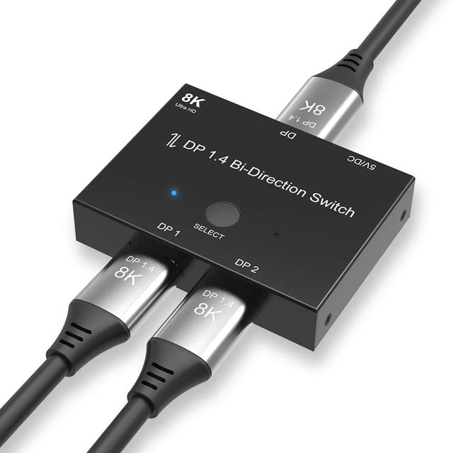 DisplayPort 8K DP 1.4 Bi-Directional Selector Box, 2-Port Switch Splitter for Dual Displays, Supports 8K@30Hz 4K@120Hz, Black