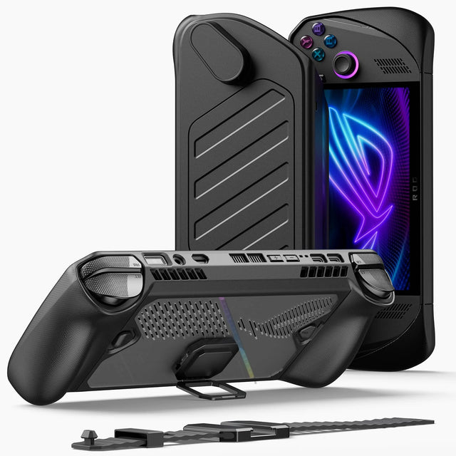 All-in-One Protective Case for ROG Ally X, Detachable Metal Front Shell, Built-in Stand & SD Card Storage, PC-ABS Silicone, Black