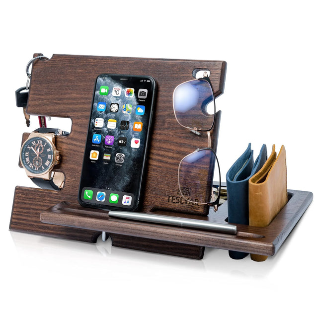 Solid Ash Wood Phone Docking Station Multifunctional Desk Organizer with Accessories Holder Stand for Men