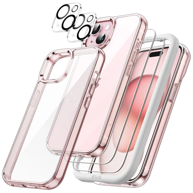 5 in 1 Phone Case Compatible with iPhone 15 with Tempered Glass Protectors Pink