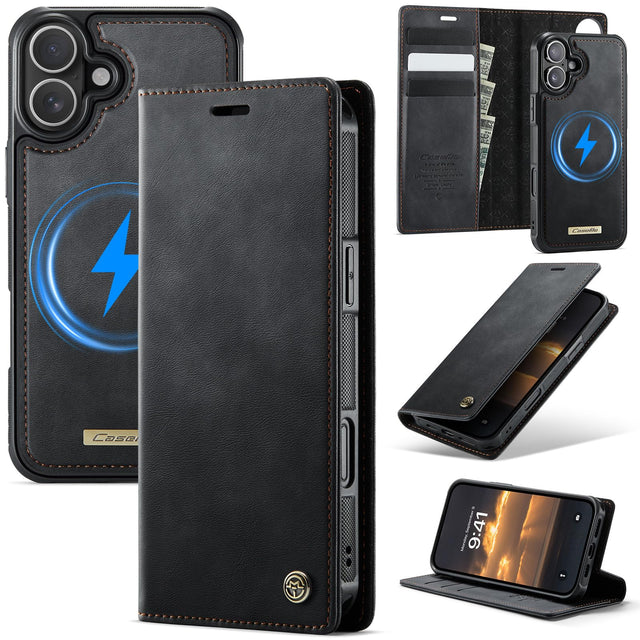 Classic Black Magnetic Flip Wallet Phone Case with Card Slots, Removable MagSafe Compatible, Kickstand - PU Leather & TPU