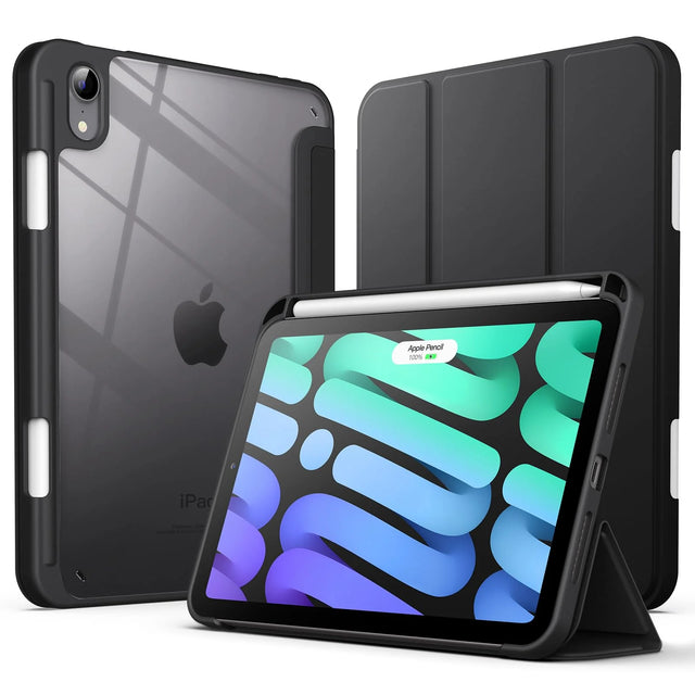 Compatible with iPad Mini 7th Gen 2024 / iPad Mini 6th Gen 2021, Black TPU Bumper Case with Transparent Hard PC Back, Built-in Pencil Holder, Tri-Fold Stand Cover