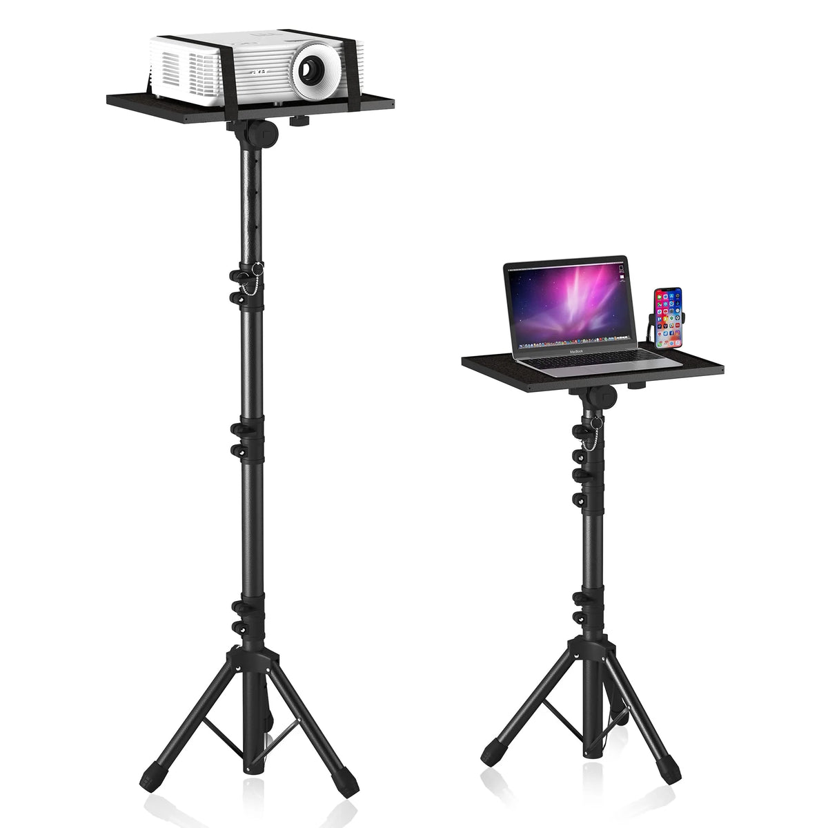 Adjustable Aluminium Tripod Stand for Laptop and Projector, Black with Phone Holder, 15x11 inch Tray, 22lbs Capacity