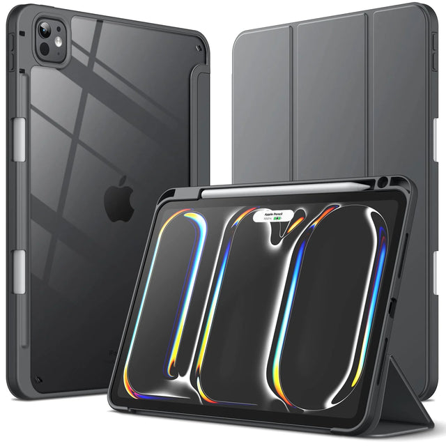 Space Gray Tablet Case for iPad Pro 11-Inch M5/M4 (2025/2024), Clear Back TPU Bumper & Hard PC, Tri-Fold Cover with Pencil Holder, Shockproof Protective Case