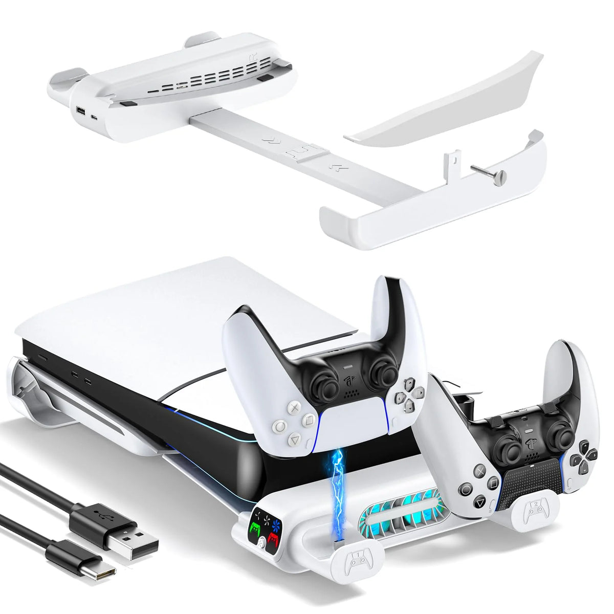 TO-P5299 Cooling Stand & Protector Set for PS5 Slim/Pro, with Dual Cooling Fans & Dual Controller Charger, White