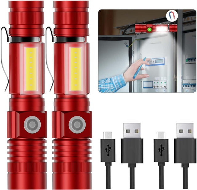 2Pack Rechargeable LED Flashlight, 2000 Lumens Super Bright, Magnetic Base & COB Sidelight, Zoomable & Waterproof IP65, Small Tactical Flashlight for Camping and Emergency, Red