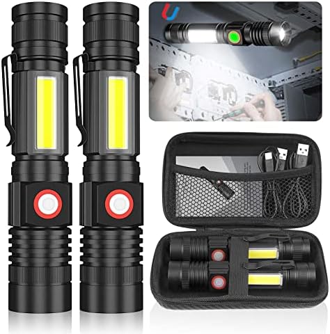 Rechargeable LED Flashlight 2 Pack, 1200 Lumens, Magnetic, COB Sidelight, Waterproof, Zoomable, for Camping & Emergency