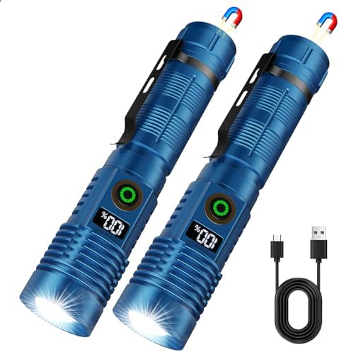 2-Pack Rechargeable Tactical Flashlights, 2000 Lumens LED, 6 Modes Zoomable, LCD Battery Display, USB-C Magnetic Handheld, for Emergency Camping Home - Blue