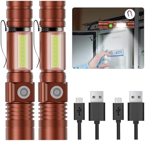 Rechargeable LED Flashlight 1200 Lumens, Magnetic COB Sidelight, IP65 Waterproof, Zoomable, 4 Modes, USB Rechargeable, Pocket Clip, Aluminum-2 Pack-Brown
