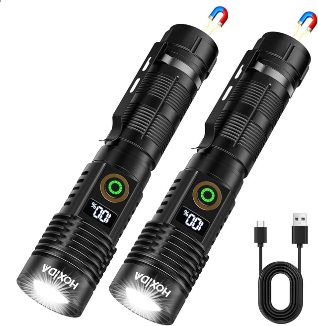 2-Pack Rechargeable LED Flashlights, 2000 Lumens Tactical Flashlight with LCD Display, 6 Modes Zoomable, USB Power Bank, Magnetic Base for Home Emergency Camping