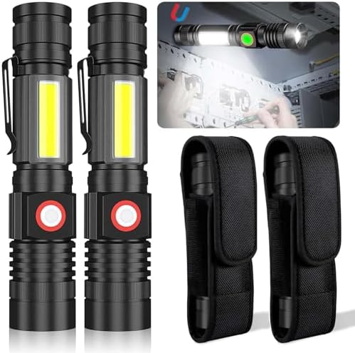 2-Pack USB Rechargeable LED Flashlights, Small Tactical Flashlight with COB Worklight, Magnetic Base, Zoomable, Waterproof IP65, 2000 Lumens, for Camping, Hiking, Emergency