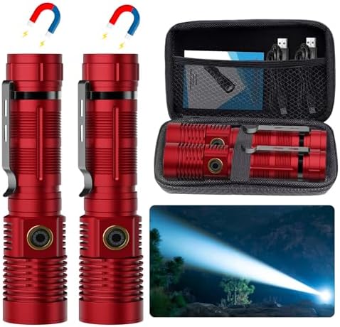 Hoxida 2000 Lumens Tactical Flashlight, USB-C Rechargeable, 1500M Long Beam, Zoomable, Magnetic, 5 Modes, Waterproof 2-Pack for Camping Hiking - Red