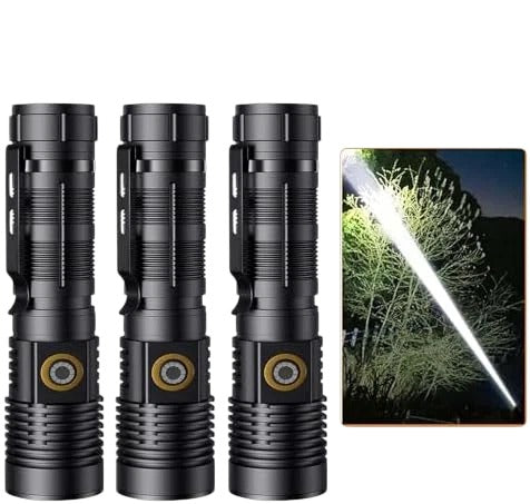 Hoxida Small Tactical Flashlight 3-Pack, 2000 Lumens Super Bright LED, 1500M Long Beam, USB Rechargeable, Zoomable, 5 Modes, Waterproof for Hiking Camping Emergency - Black