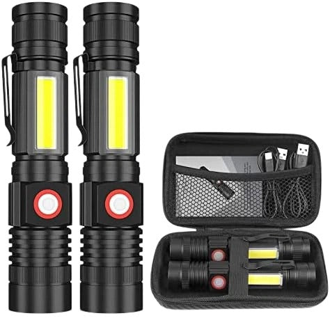 2 Pack USB Rechargeable Flashlights, Super Bright LED Tactical Flashlight with Magnetic Base & COB Work Light, Zoomable, Waterproof, Small Flashlight for Camping Emergency, 2000 Lumens
