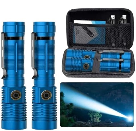Hoxida Small Tactical Flashlight 2000 Lumens, USB Rechargeable LED Flashlight 1500M Long Beam, Zoomable 5 Modes Magnetic Waterproof for Hiking Camping (2 Pack, Blue)