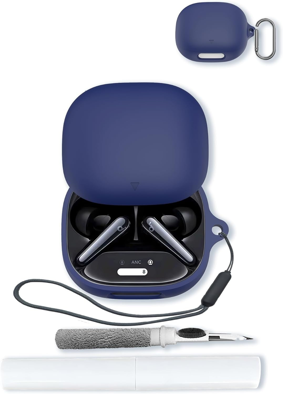 Silicone Case for Soundcore Liberty 4 Pro, Shockproof Protective Cover with Keychain, Cleaning Pen & Lanyard - White/Blue