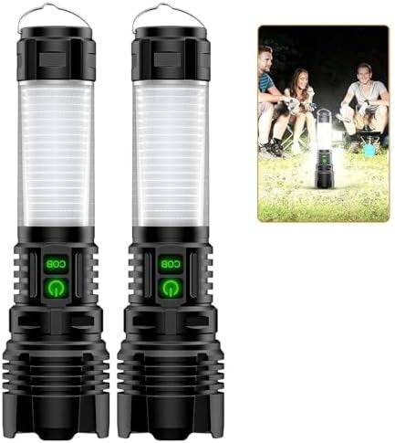 Rechargeable 2-in-1 LED Flashlight and Camping Lantern, 2000 Lumens, 5 Modes, Zoomable, Waterproof Tactical Flashlight with USB Charging-2 Pack