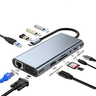 11-in-1 USB-C Hub Type-C to HDMI Adapter with SD/TF Card Reader for Phone Laptop Game Console