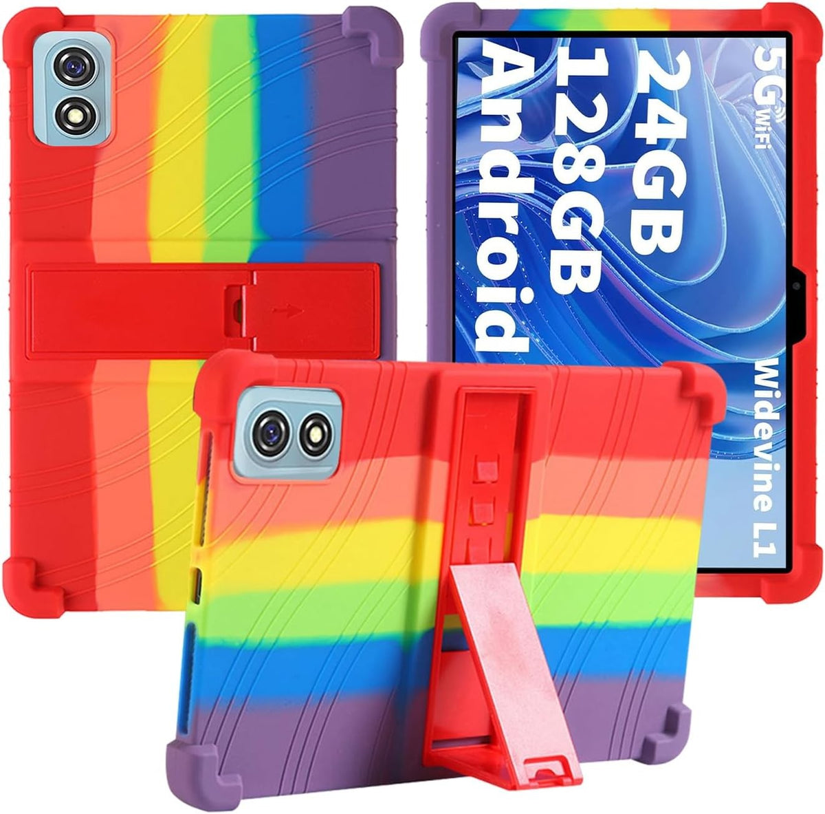 Soft Silicone Tablet Case Compatible with T901 10", Shockproof, Adjustable Stand, Kids Friendly, Rainbow