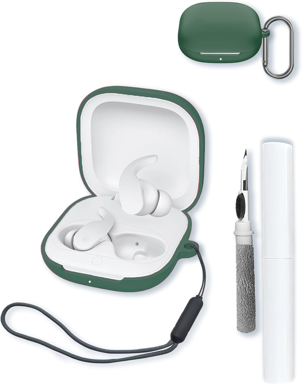 Silicone Case for Beats Fit Pro, Soft Protective Cover with Keychain & Cleaning Kit & Lanyard, Shockproof Dustproof Charging Port Cover, Green