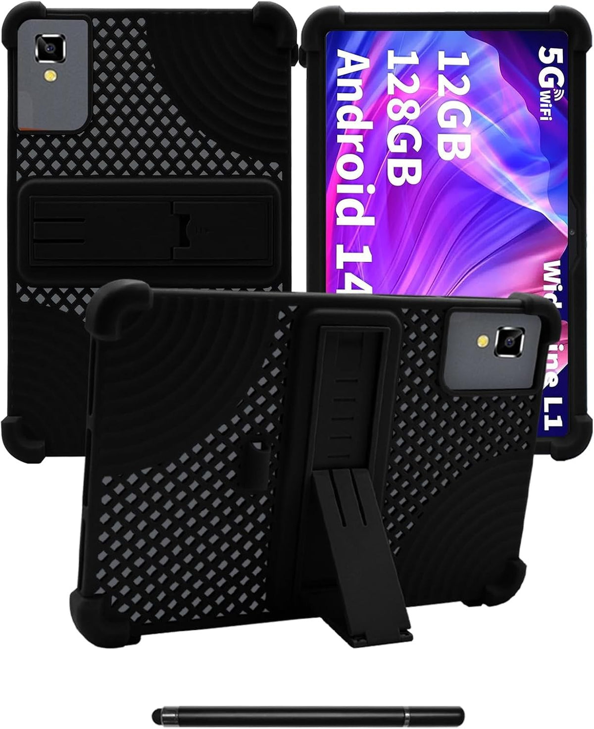 Silicone Tablet Case for YLEEBG TAB10 10", Shockproof, Adjustable Stand, with Pen, Black