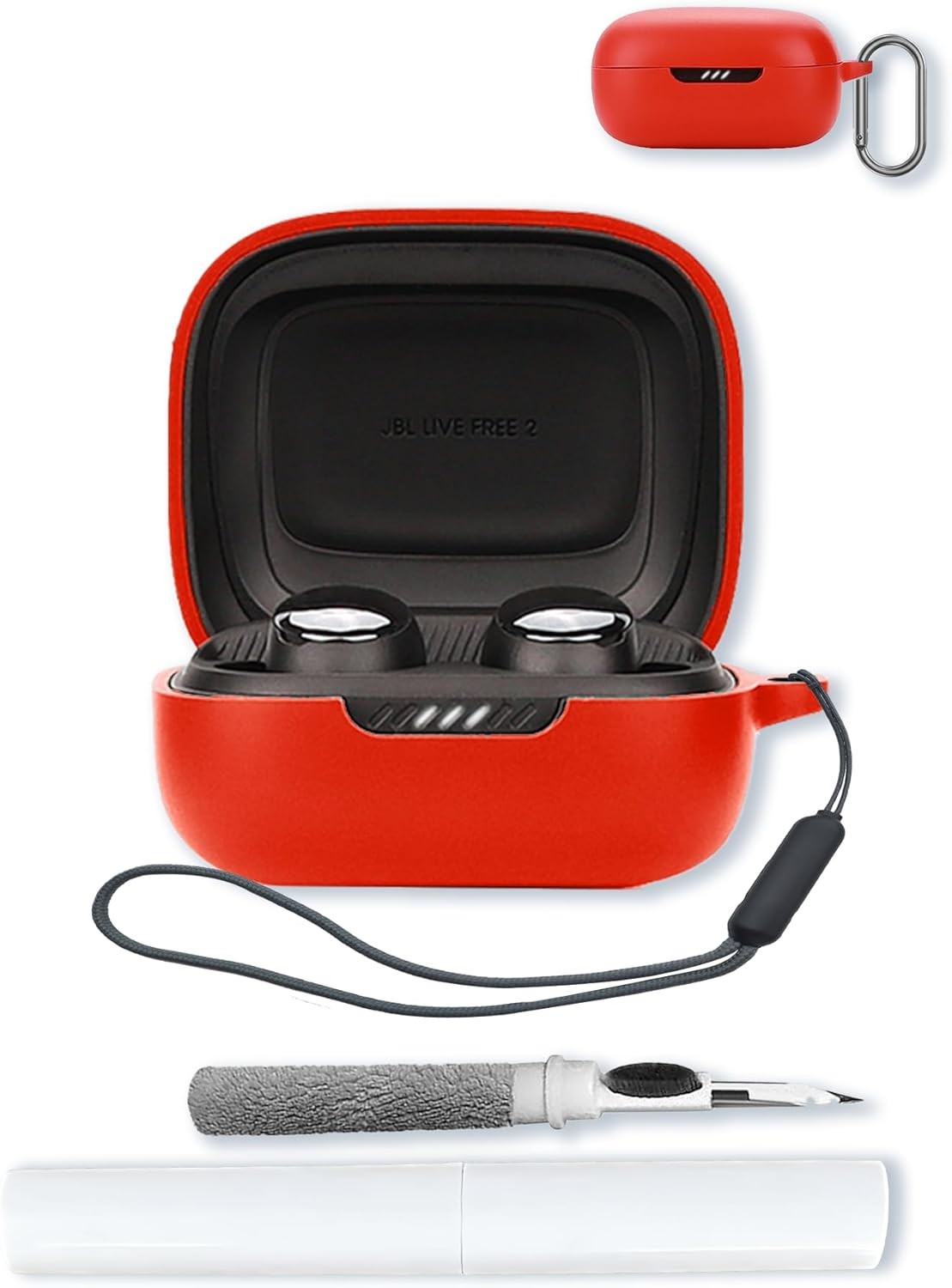 Silicone Case Compatible with JBL Live Pro 2, Shockproof Protective Cover for Wireless Earbuds with Keychain, Cleaning Kit & Lanyard